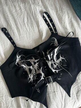 "Dark in Love" Black Gothic Lace-Up Corset Top with Graphic Detail